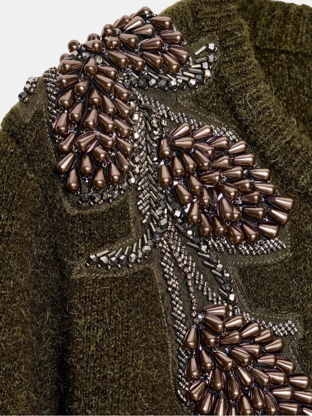 NWT Zara Green/Brown Wool Blend Beaded Cardigan. Size L. - Picture 9 of 13
